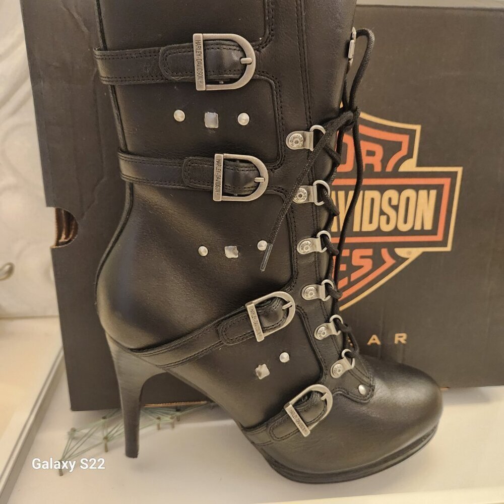 Harley-Davidson Black Leather Lace-Up Buckle Ankle Boots